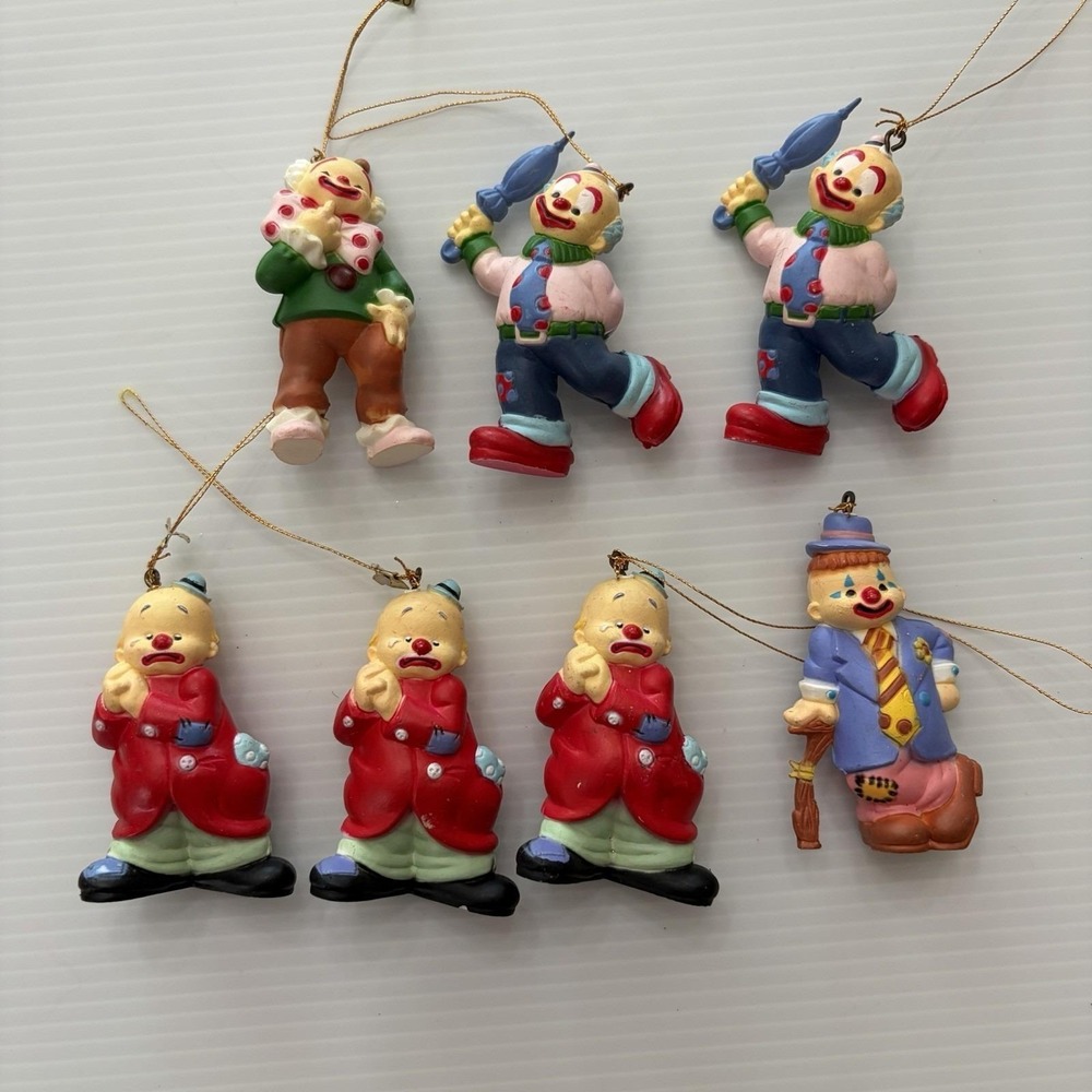 Vintage 1970s Clown Christmas Ornaments Lot Of 7 Painted Resin Circus